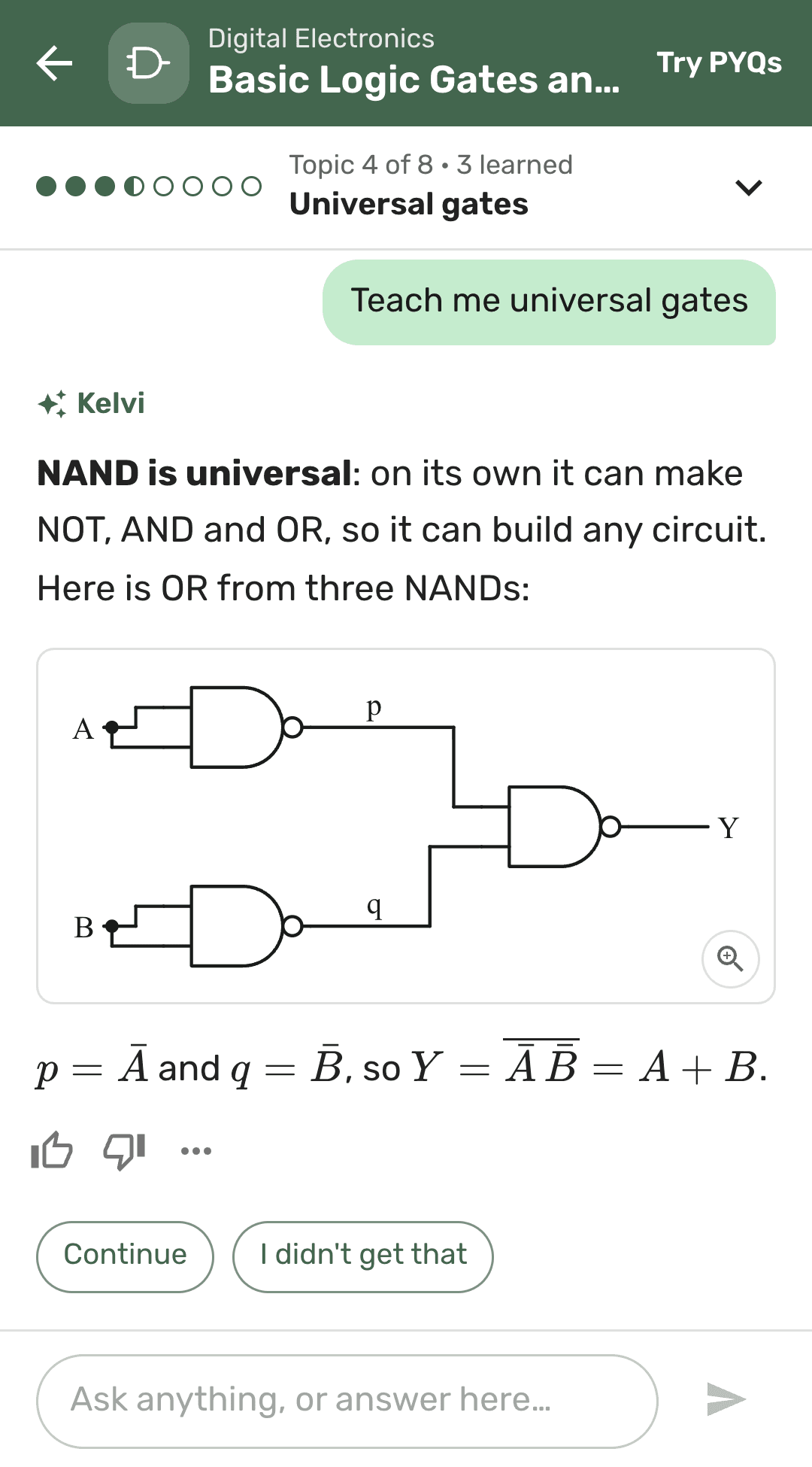 Kelvi teaches universal gates and draws OR from three NAND gates