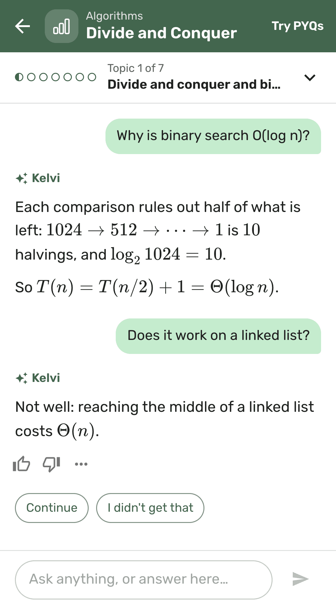 A student asks why binary search is O(log n) and Kelvi explains