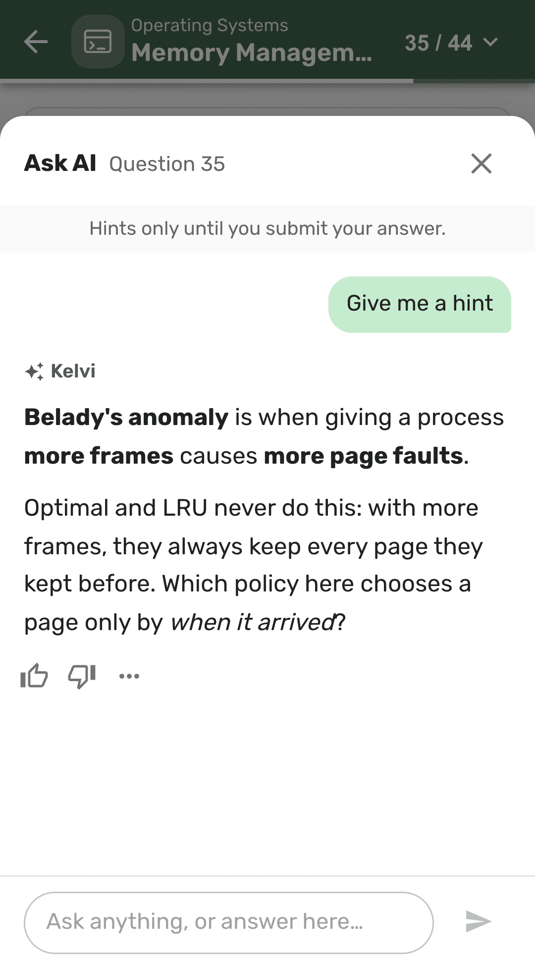 Ask AI gives a hint on a memory management question